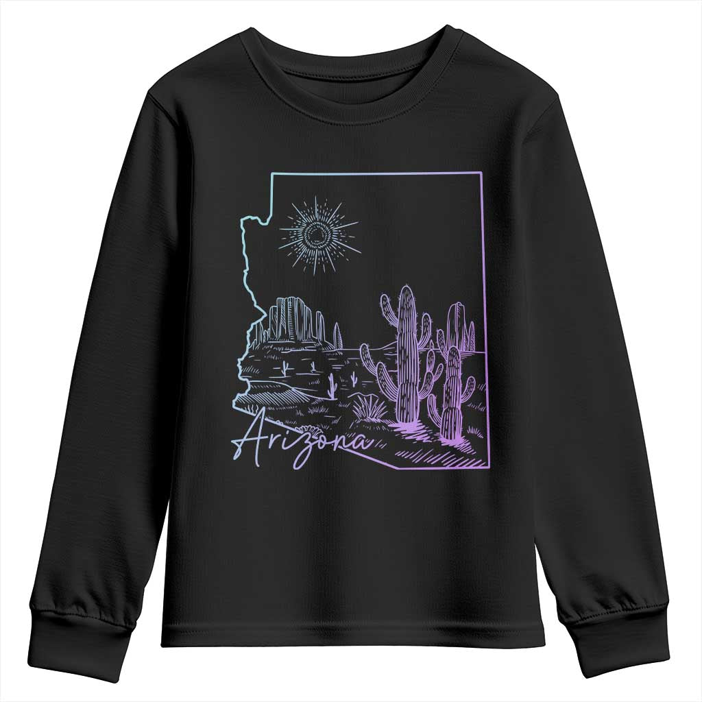 Glowing Arizona State Map Outline Graphic Youth Sweatshirt Neon Gradient Cactus Desert Travel Souvenir TS02 Black Print Your Wear