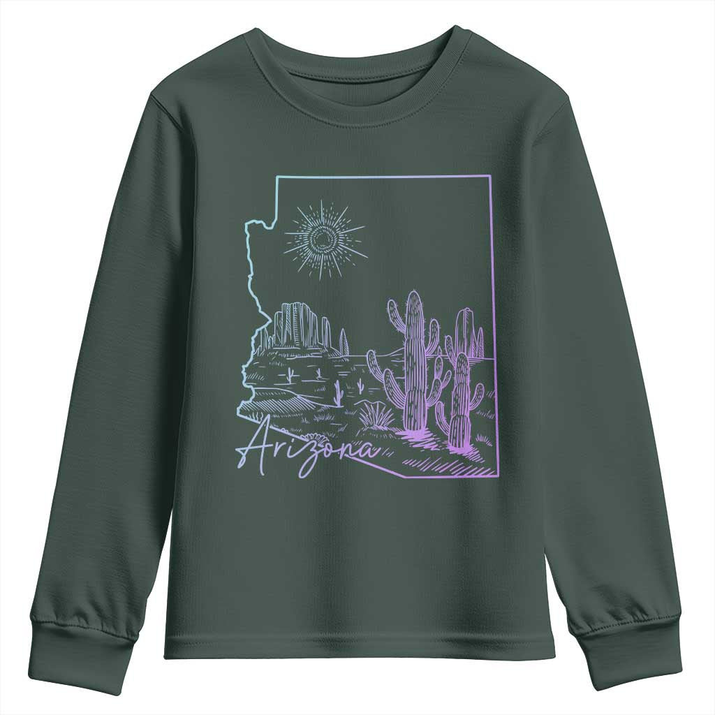 Glowing Arizona State Map Outline Graphic Youth Sweatshirt Neon Gradient Cactus Desert Travel Souvenir