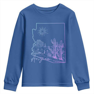 Glowing Arizona State Map Outline Graphic Youth Sweatshirt Neon Gradient Cactus Desert Travel Souvenir