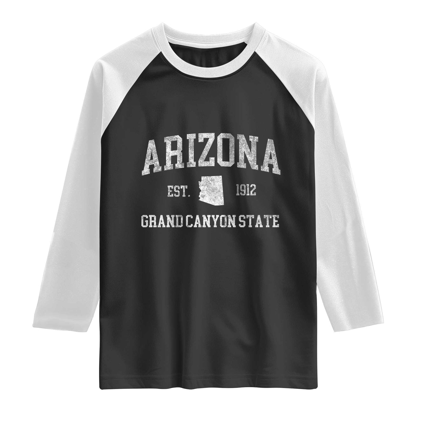 Vintage Distressed Arizona Grand Canyon State Graphic Raglan Shirt Retro 1912 Varsity Map Souvenir TS02 Black White Print Your Wear