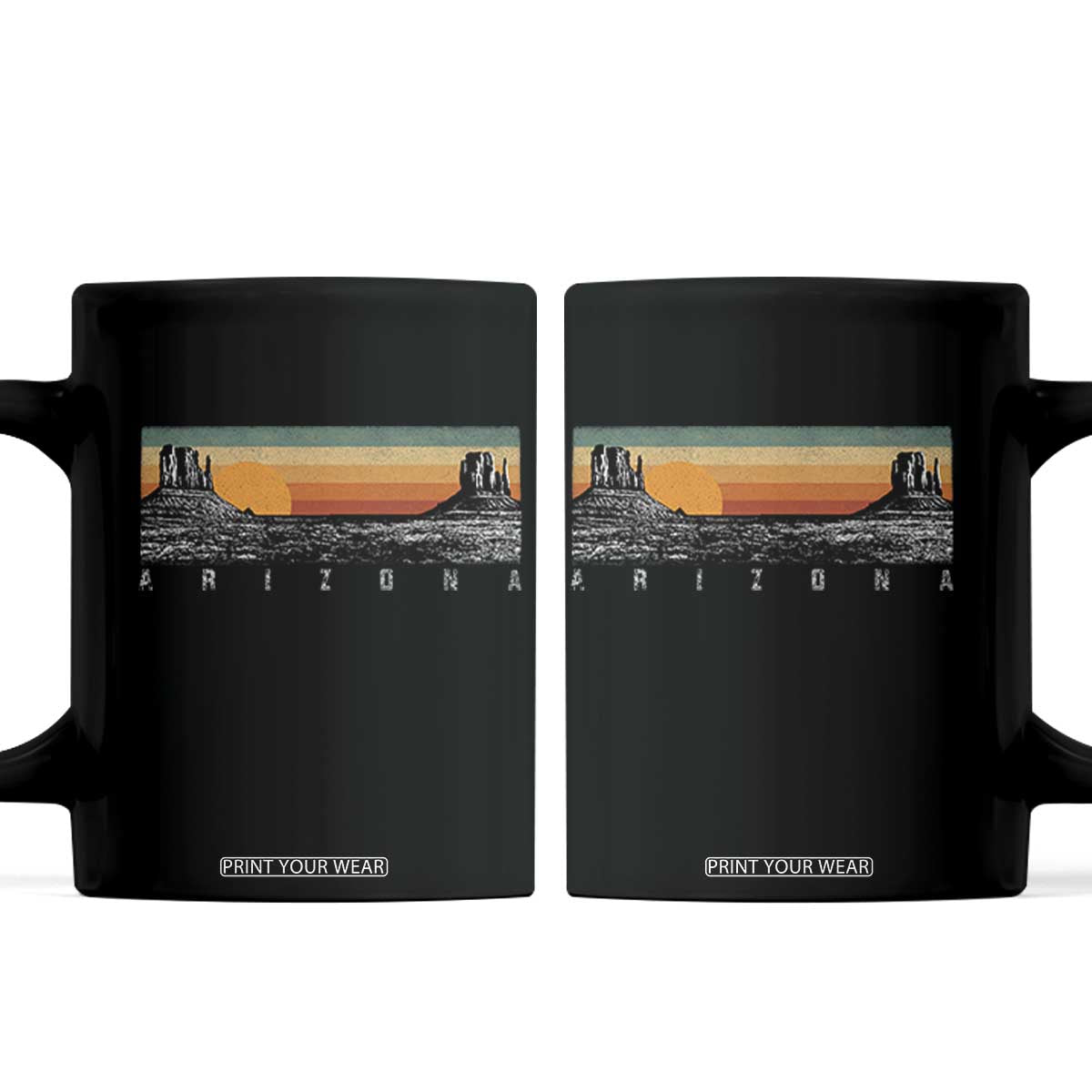 Retro Arizona Sunset Monument Valley Graphic Coffee Mug Panoramic Desert Red Rocks Landscape Souvenir TS02 Black Print Your Wear