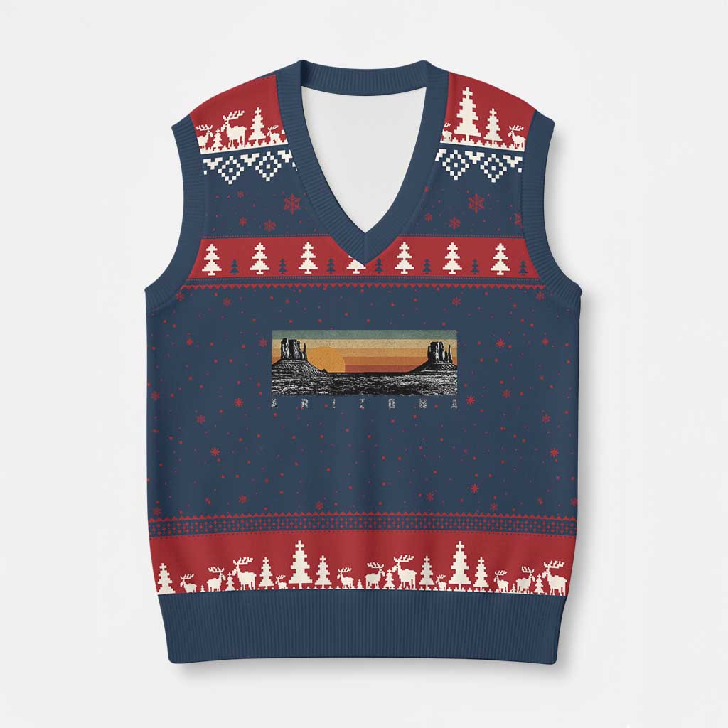 Retro Arizona Sunset Monument Valley Graphic V-Neck Knit Sweater Vest Panoramic Desert Red Rocks Landscape Souvenir TS02 Navy Red Print Your Wear