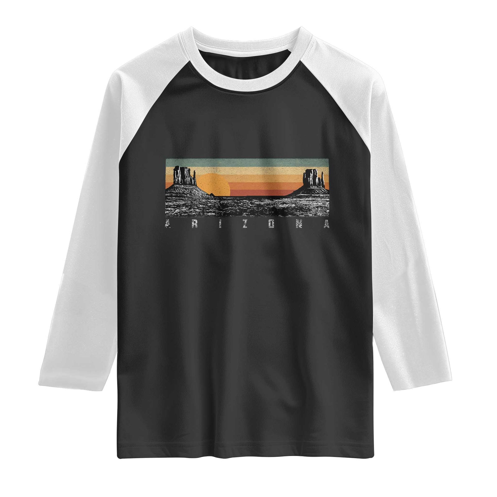 Retro Arizona Sunset Monument Valley Graphic Raglan Shirt Panoramic Desert Red Rocks Landscape Souvenir TS02 Black White Print Your Wear