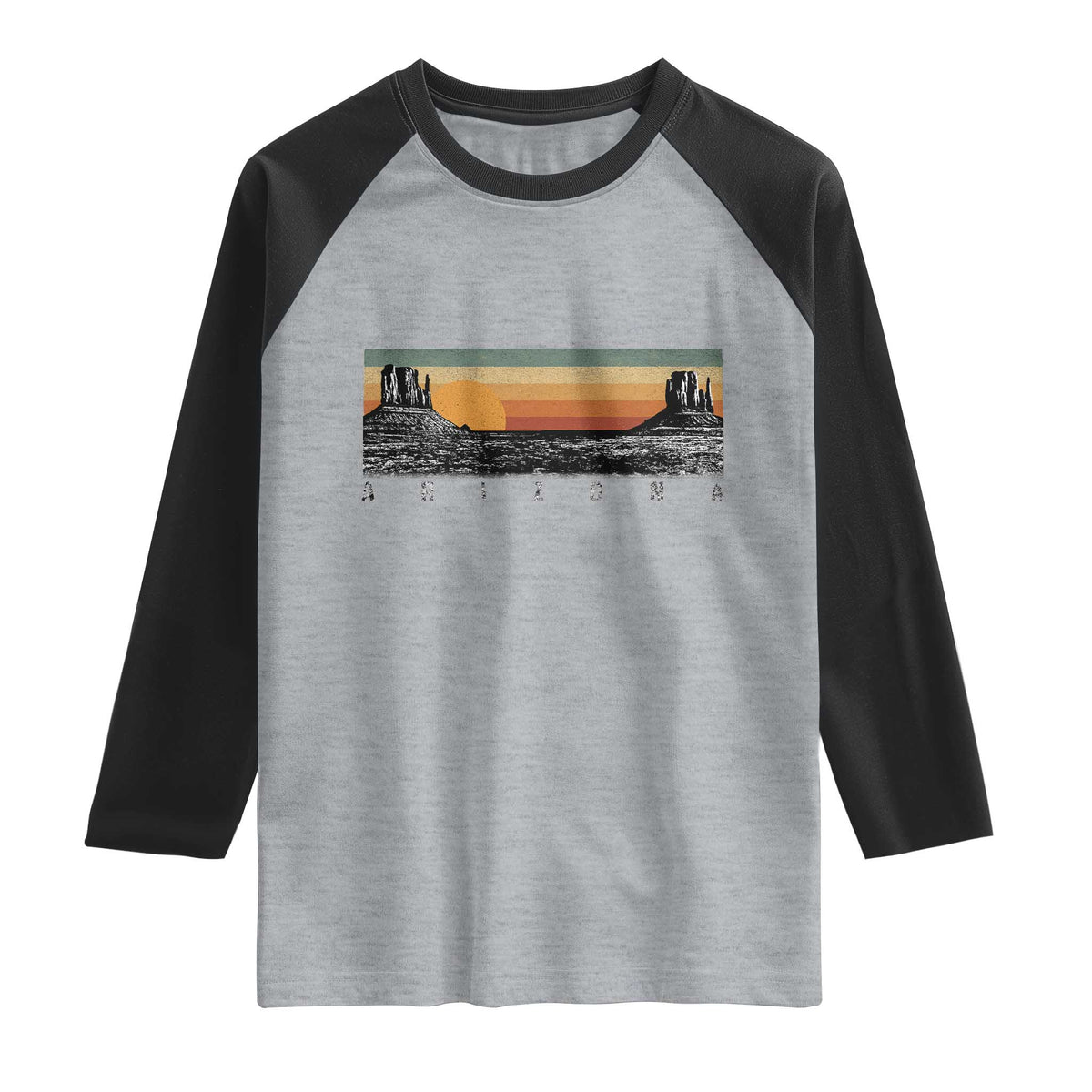 Retro Arizona Sunset Monument Valley Graphic Raglan Shirt Panoramic Desert Red Rocks Landscape Souvenir