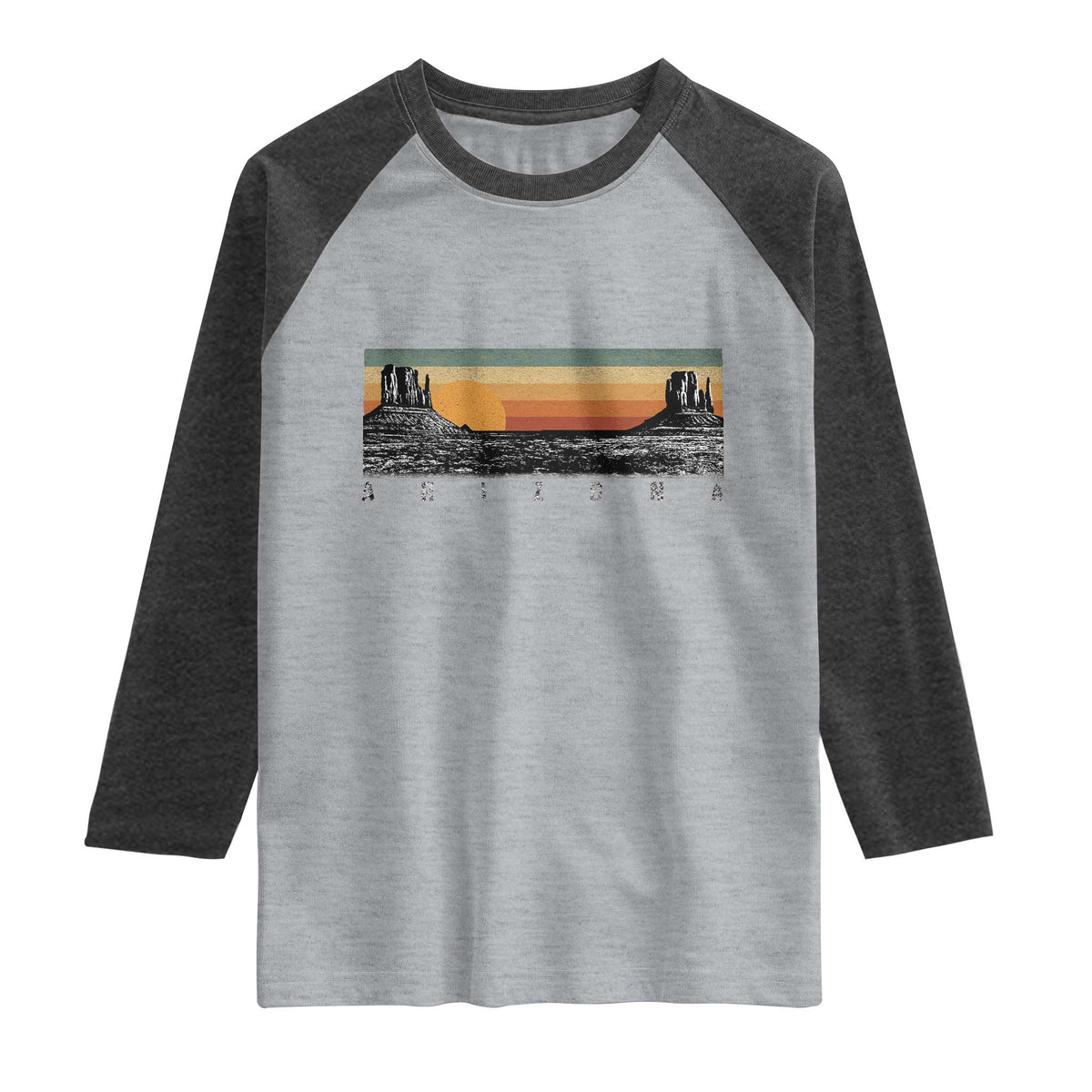 Retro Arizona Sunset Monument Valley Graphic Raglan Shirt Panoramic Desert Red Rocks Landscape Souvenir