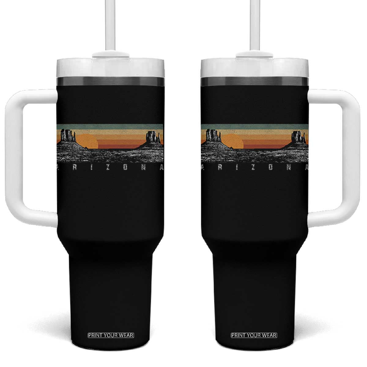 Retro Arizona Sunset Monument Valley Graphic Tumbler With Handle Panoramic Desert Red Rocks Landscape Souvenir TS02 One Size: 40 oz Black Print Your Wear
