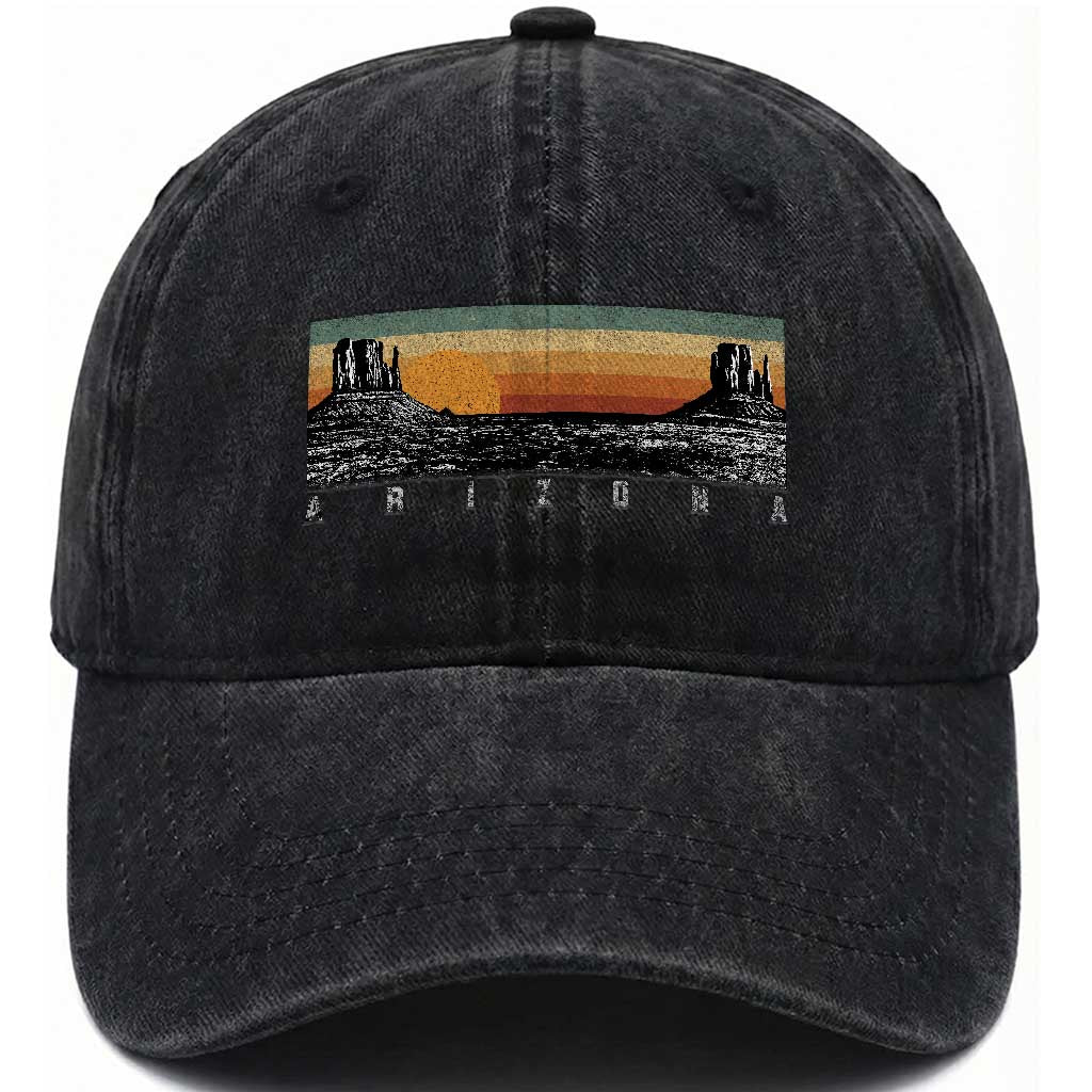 Retro Arizona Sunset Monument Valley Graphic Washed Cotton Baseball Cap Panoramic Desert Red Rocks Landscape Souvenir TS02 Print Your Wear