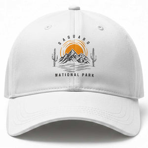 Retro Saguaro National Park Sunset Graphic Baseball Cap Vintage Arizona Desert Mountain Badge Souvenir