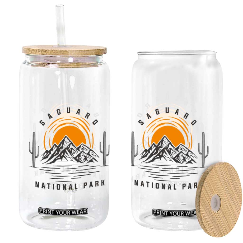 Retro Saguaro National Park Sunset Graphic Glass Can Vintage Arizona Desert Mountain Badge Souvenir