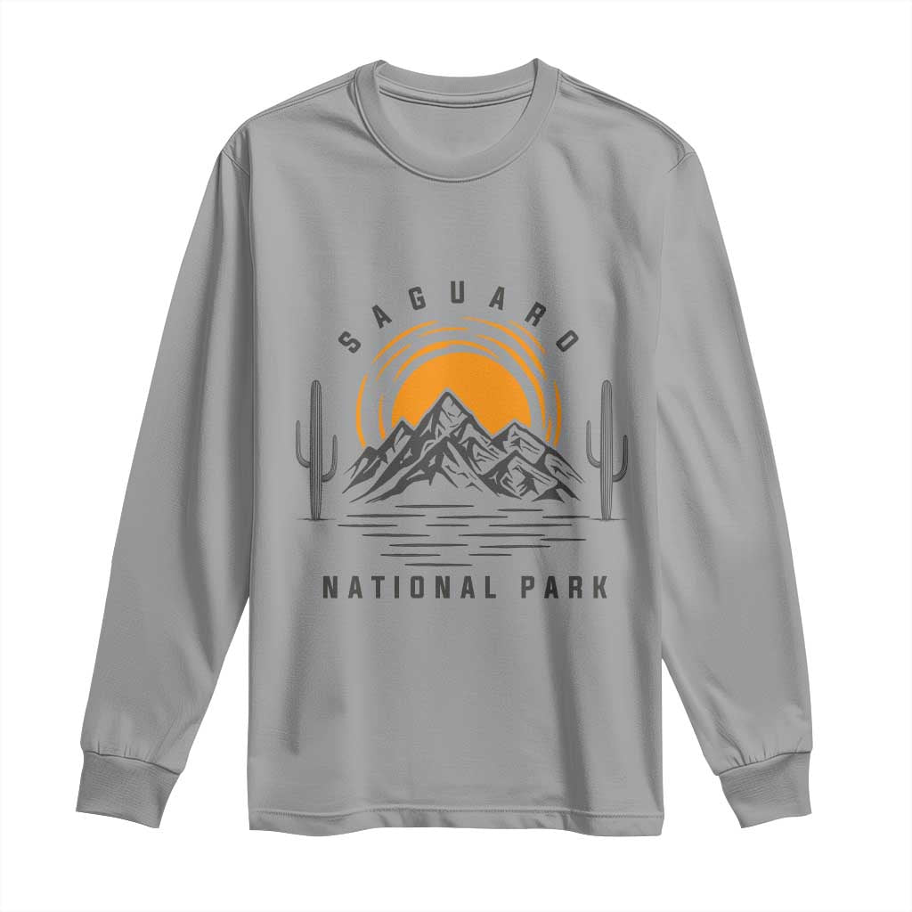 Retro Saguaro National Park Sunset Graphic Long Sleeve Shirt Vintage Arizona Desert Mountain Badge Souvenir