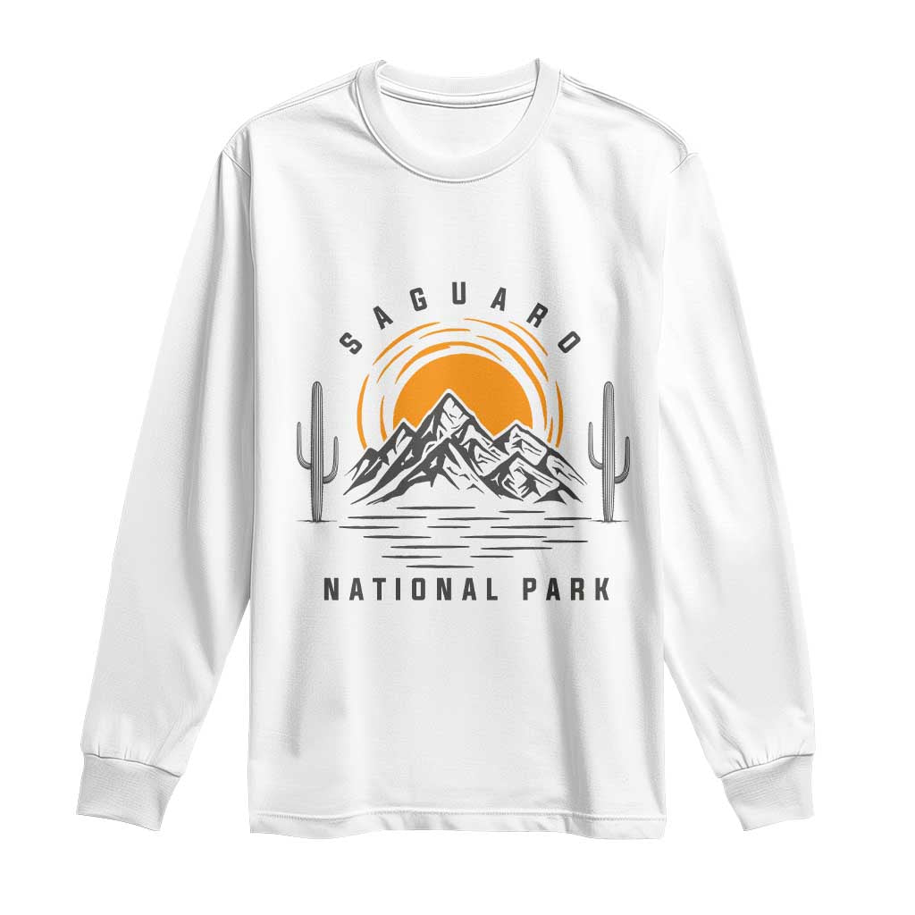 Retro Saguaro National Park Sunset Graphic Long Sleeve Shirt Vintage Arizona Desert Mountain Badge Souvenir TS02 White Print Your Wear