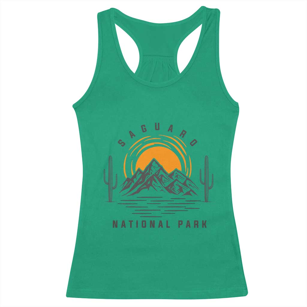 Retro Saguaro National Park Sunset Graphic Racerback Tank Top Vintage Arizona Desert Mountain Badge Souvenir