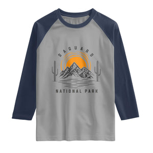 Retro Saguaro National Park Sunset Graphic Raglan Shirt Vintage Arizona Desert Mountain Badge Souvenir