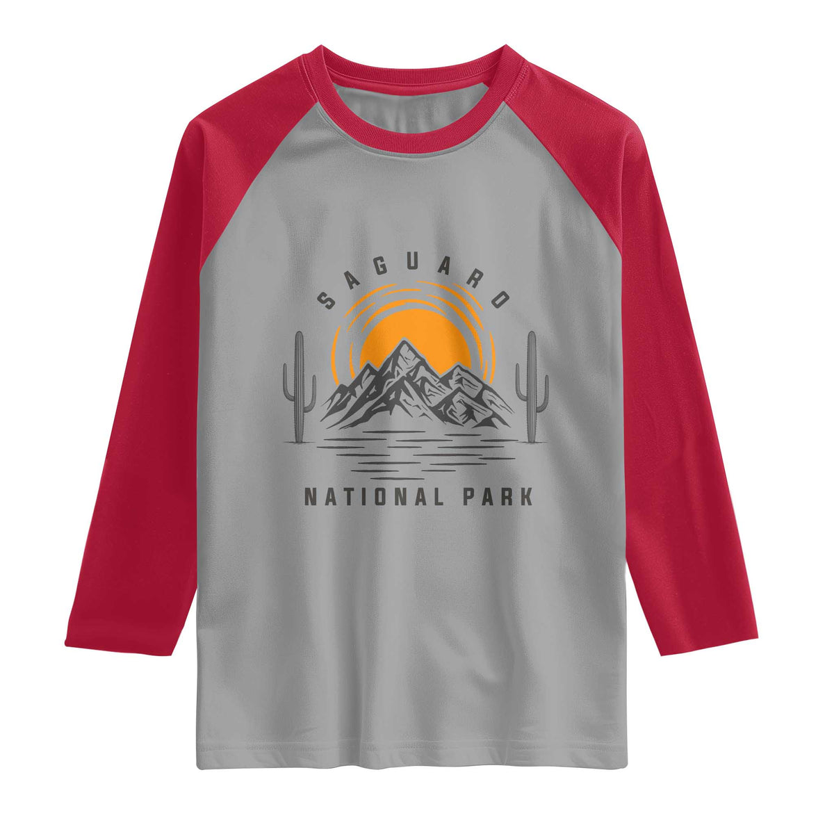 Retro Saguaro National Park Sunset Graphic Raglan Shirt Vintage Arizona Desert Mountain Badge Souvenir