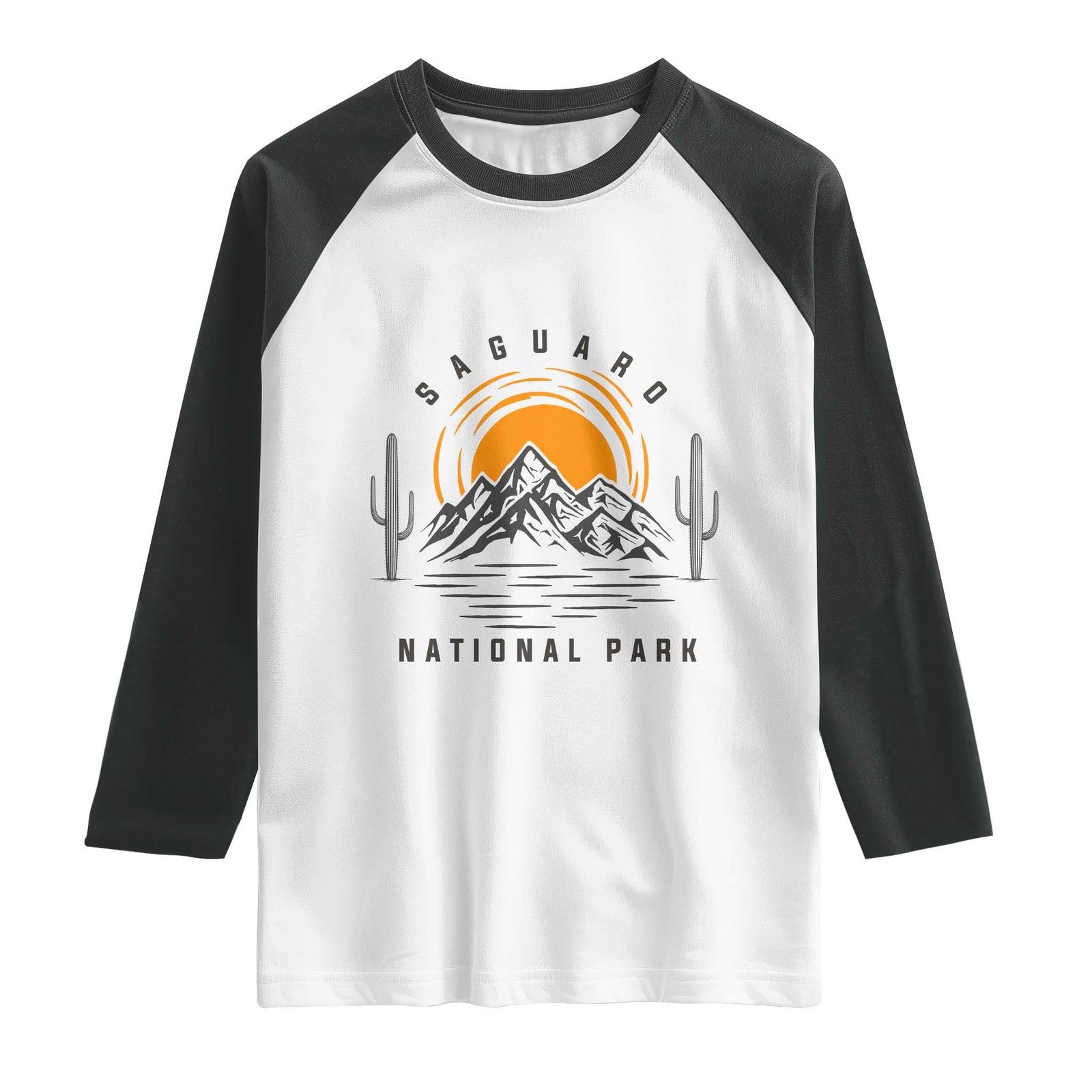 Retro Saguaro National Park Sunset Graphic Raglan Shirt Vintage Arizona Desert Mountain Badge Souvenir TS02 White Black Print Your Wear