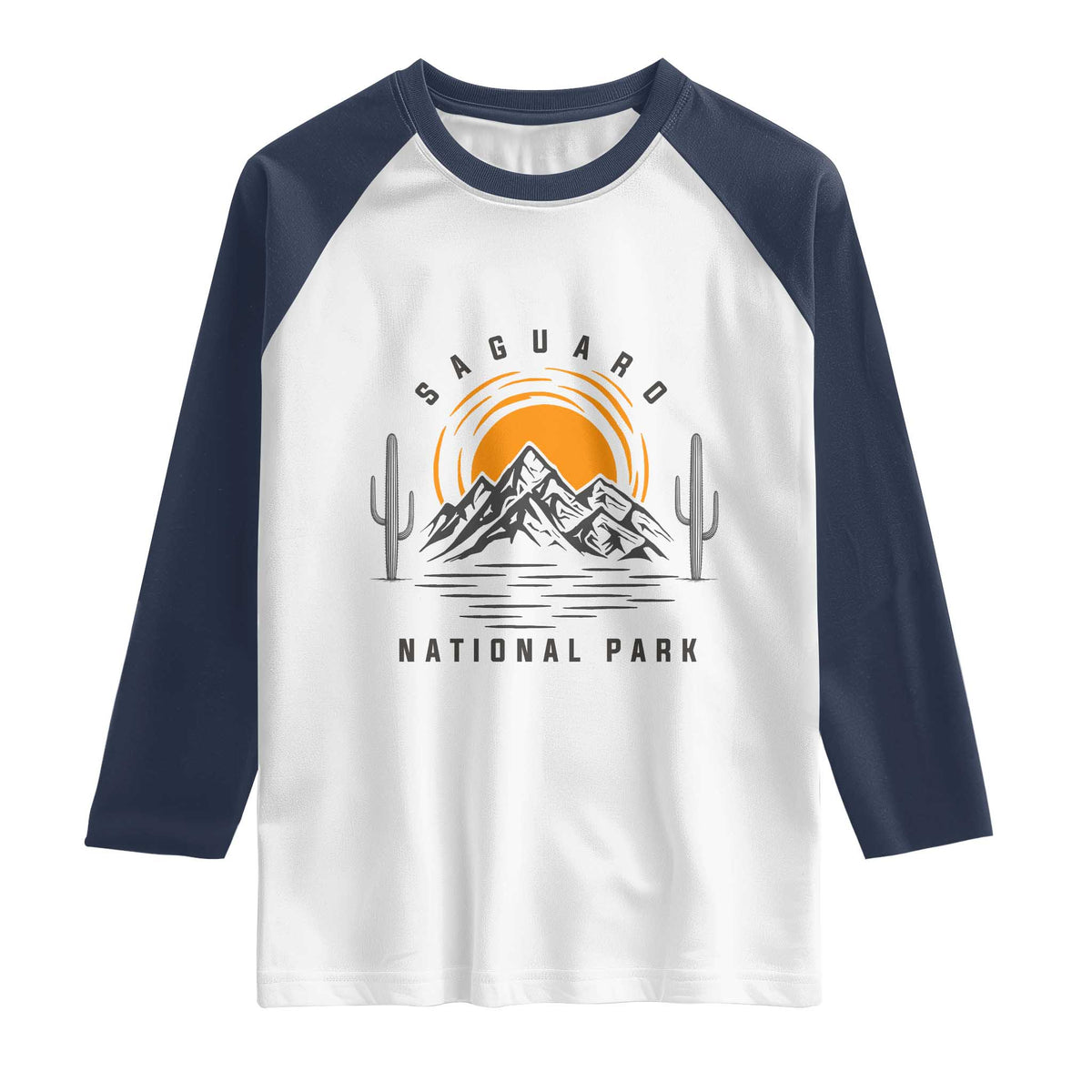Retro Saguaro National Park Sunset Graphic Raglan Shirt Vintage Arizona Desert Mountain Badge Souvenir