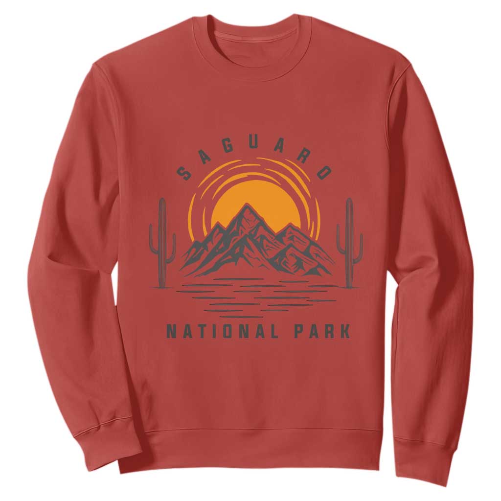 Retro Saguaro National Park Sunset Graphic Sweatshirt Vintage Arizona Desert Mountain Badge Souvenir