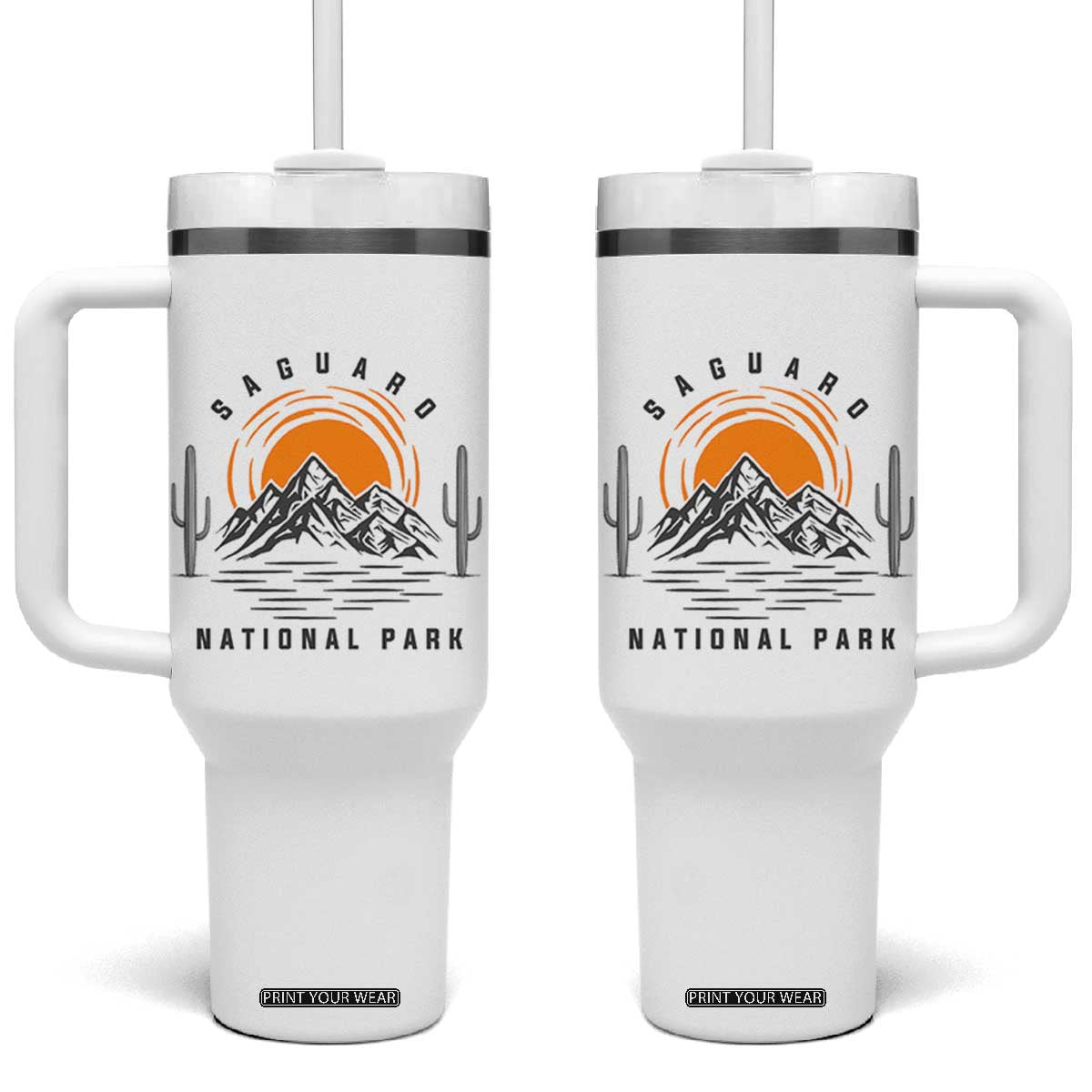 Retro Saguaro National Park Sunset Graphic Tumbler With Handle Vintage Arizona Desert Mountain Badge Souvenir