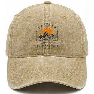 Retro Saguaro National Park Sunset Graphic Washed Cotton Baseball Cap Vintage Arizona Desert Mountain Badge Souvenir