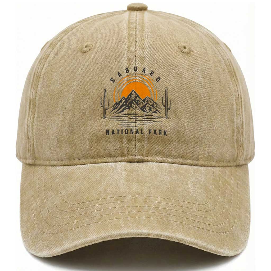 Retro Saguaro National Park Sunset Graphic Washed Cotton Baseball Cap Vintage Arizona Desert Mountain Badge Souvenir TS02 Print Your Wear