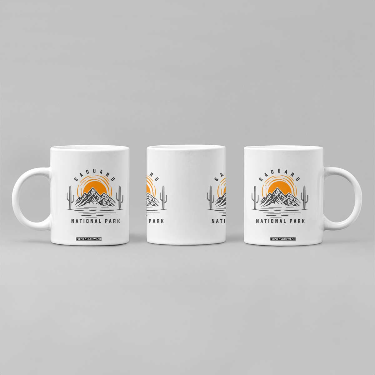 Retro Saguaro National Park Sunset Graphic Coffee Mug Vintage Arizona Desert Mountain Badge Souvenir