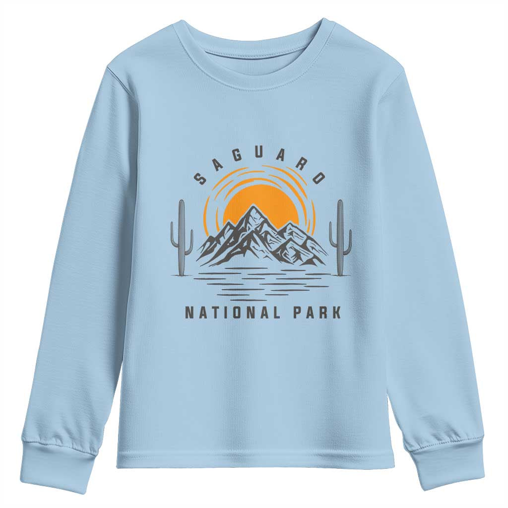 Retro Saguaro National Park Sunset Graphic Youth Sweatshirt Vintage Arizona Desert Mountain Badge Souvenir