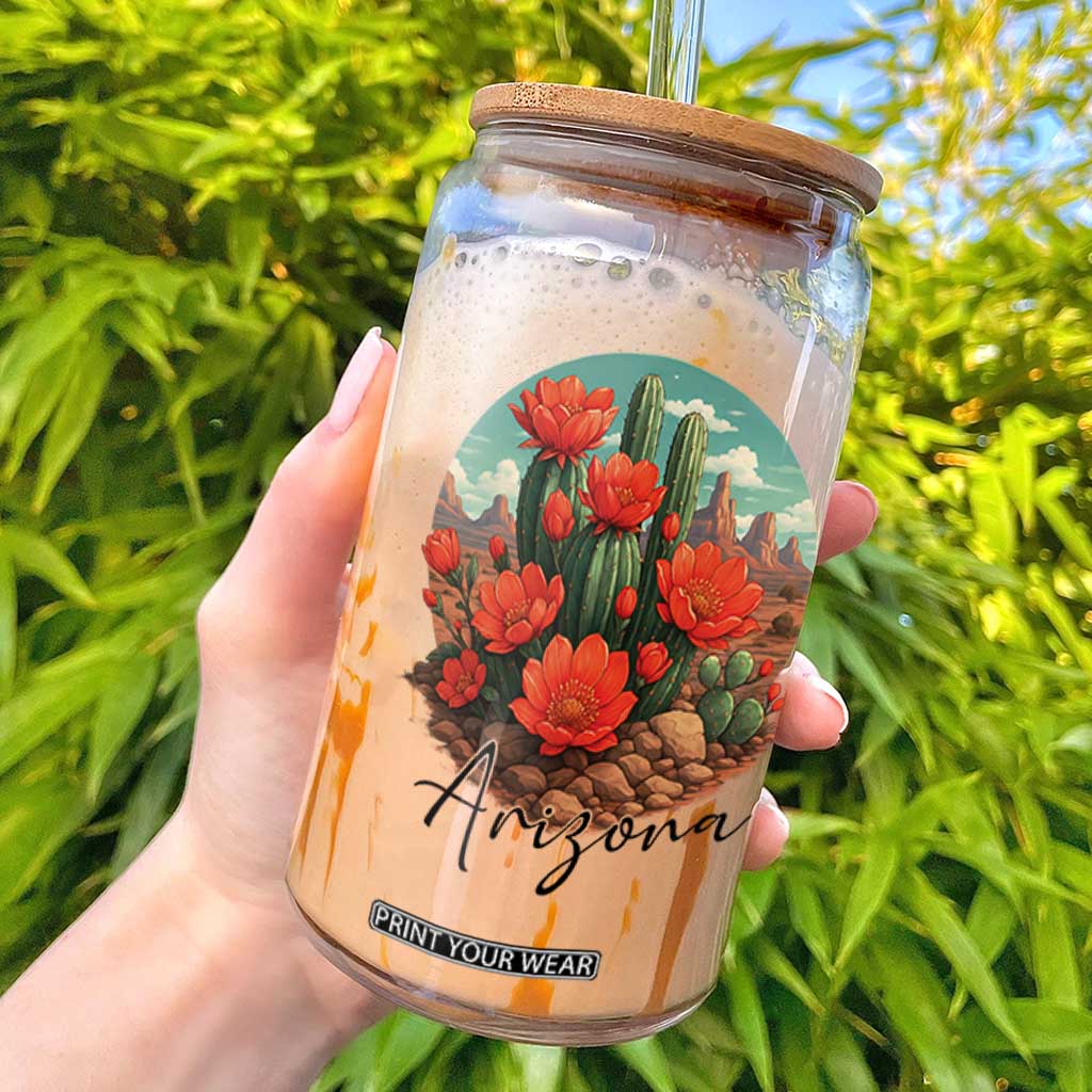 Beautiful Blooming Cactus Flower Arizona Graphic Glass Can Vintage Desert Botanical Floral Nature Souvenir TS02 White Print Your Wear