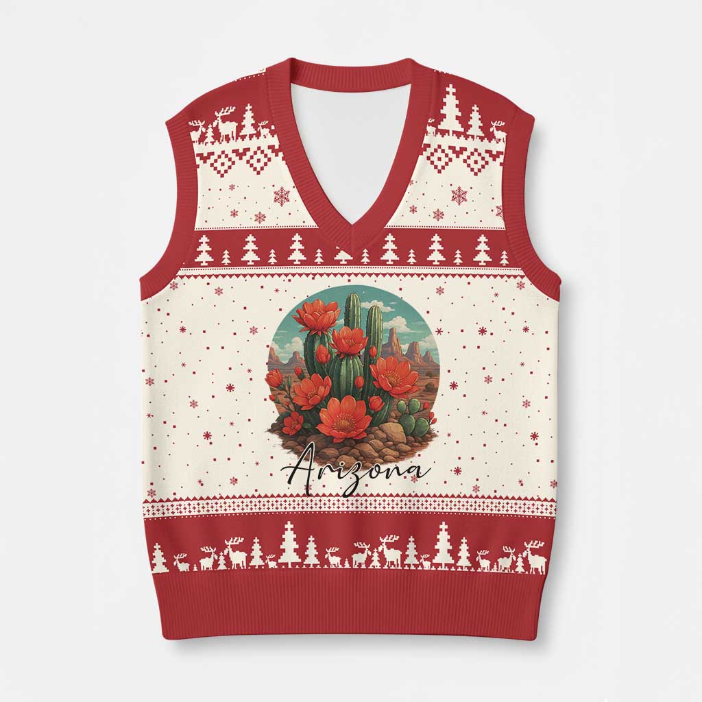 Beautiful Blooming Cactus Flower Arizona Graphic V-Neck Knit Sweater Vest Vintage Desert Botanical Floral Nature Souvenir TS02 Beige Red Print Your Wear