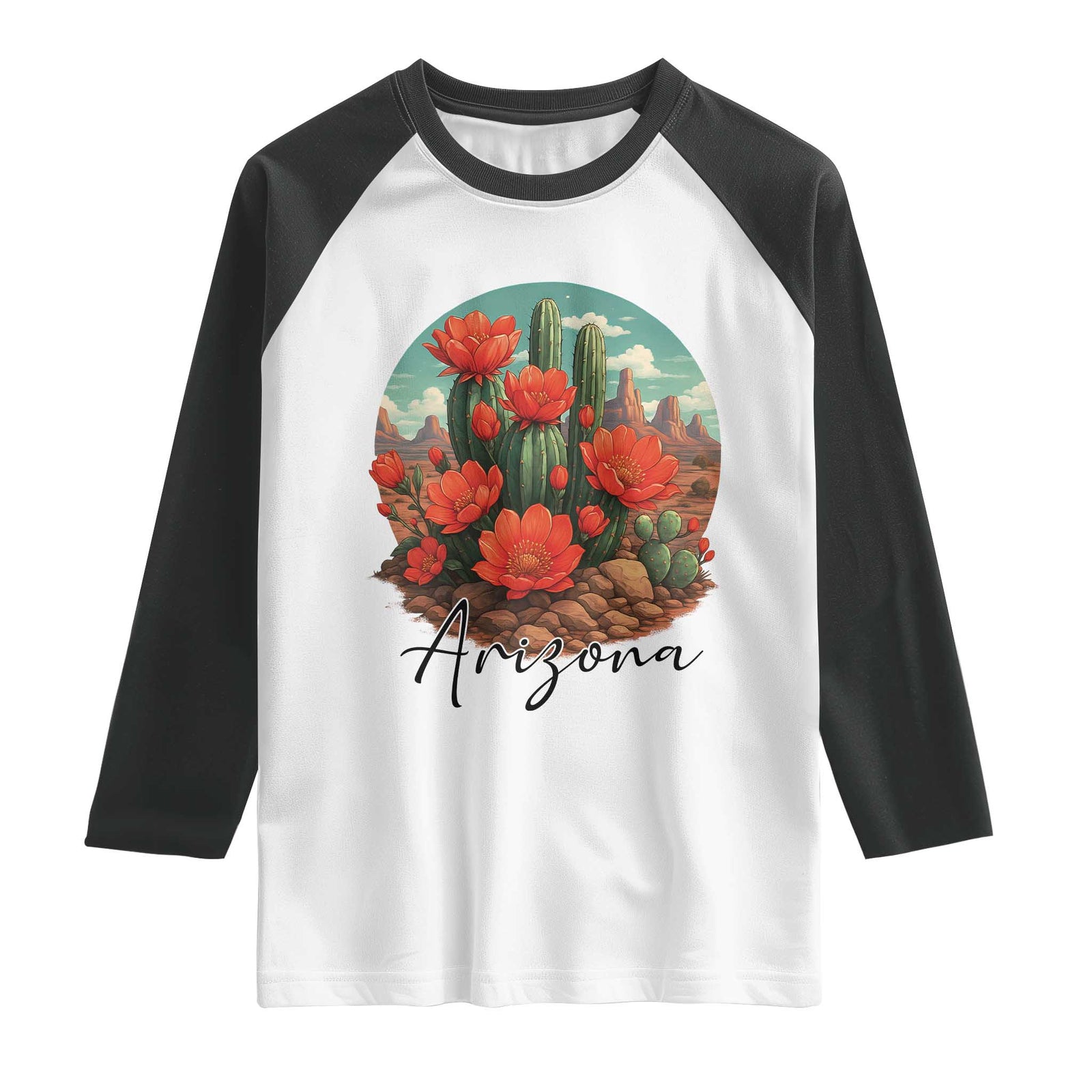 Beautiful Blooming Cactus Flower Arizona Graphic Raglan Shirt Vintage Desert Botanical Floral Nature Souvenir TS02 White Black Print Your Wear