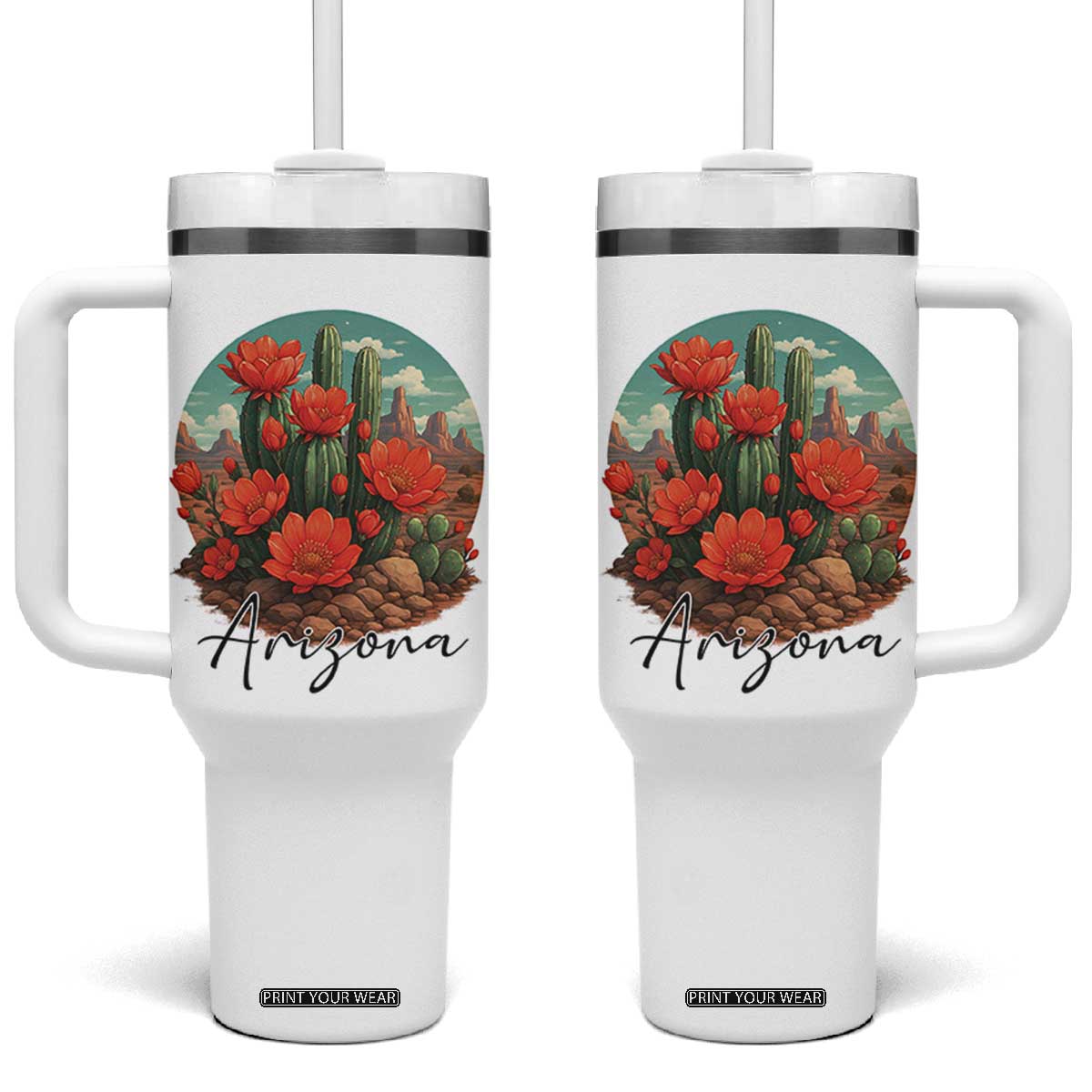 Beautiful Blooming Cactus Flower Arizona Graphic Tumbler With Handle Vintage Desert Botanical Floral Nature Souvenir