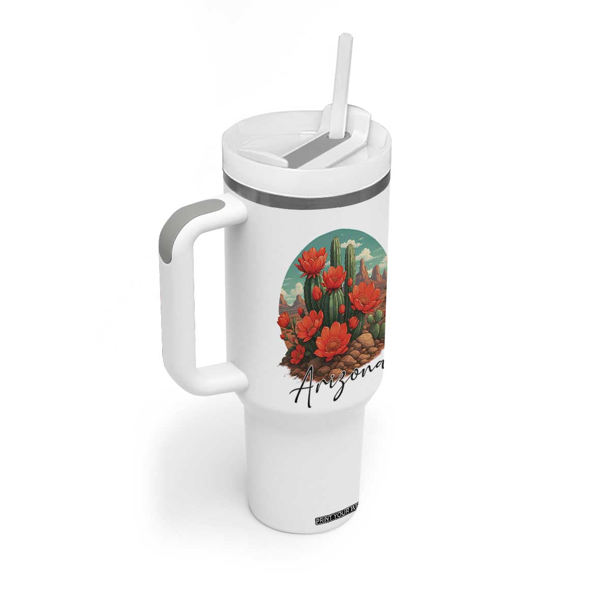 Beautiful Blooming Cactus Flower Arizona Graphic Tumbler With Handle Vintage Desert Botanical Floral Nature Souvenir