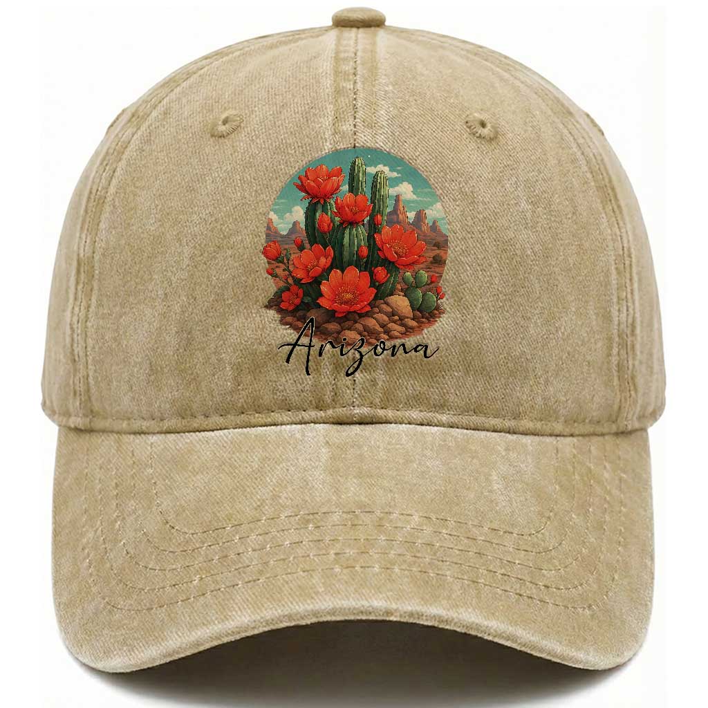 Beautiful Blooming Cactus Flower Arizona Graphic Washed Cotton Baseball Cap Vintage Desert Botanical Floral Nature Souvenir TS02 Print Your Wear