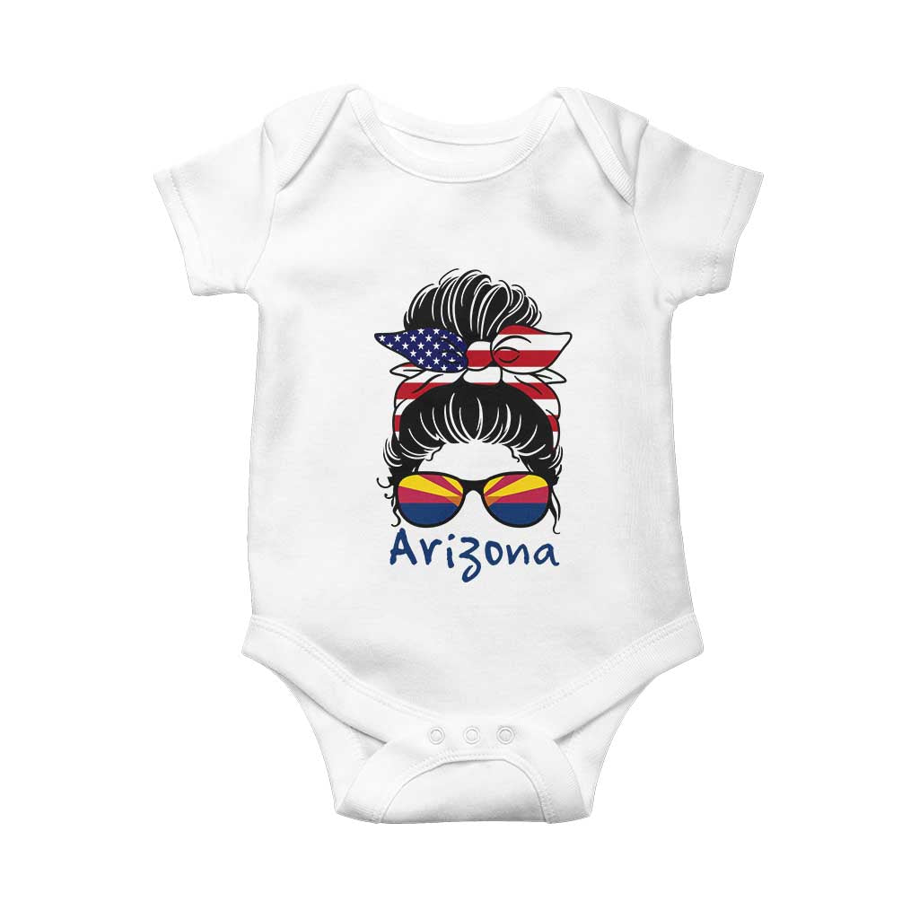 Patriotic Arizona Messy Bun Girl Graphic Baby Onesie American Flag Sunglasses Southwest State Pride Souvenir TS02 White Print Your Wear