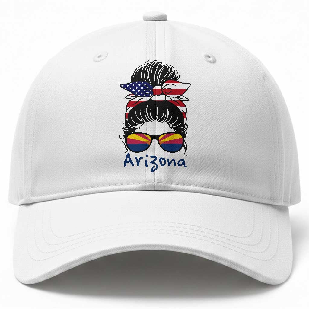 Patriotic Arizona Messy Bun Girl Graphic Baseball Cap American Flag Sunglasses Southwest State Pride Souvenir TS02 Print Your Wear