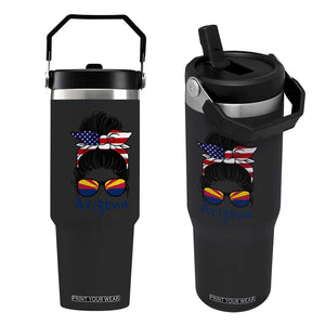 Patriotic Arizona Messy Bun Girl Graphic Flip Straw Tumbler American Flag Sunglasses Southwest State Pride Souvenir