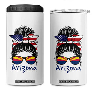 Patriotic Arizona Messy Bun Girl Graphic 4 in 1 Can Cooler Tumbler American Flag Sunglasses Southwest State Pride Souvenir