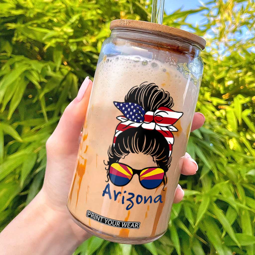 Patriotic Arizona Messy Bun Girl Graphic Glass Can American Flag Sunglasses Southwest State Pride Souvenir TS02 White Print Your Wear