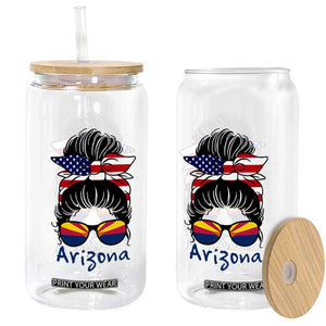 Patriotic Arizona Messy Bun Girl Graphic Glass Can American Flag Sunglasses Southwest State Pride Souvenir
