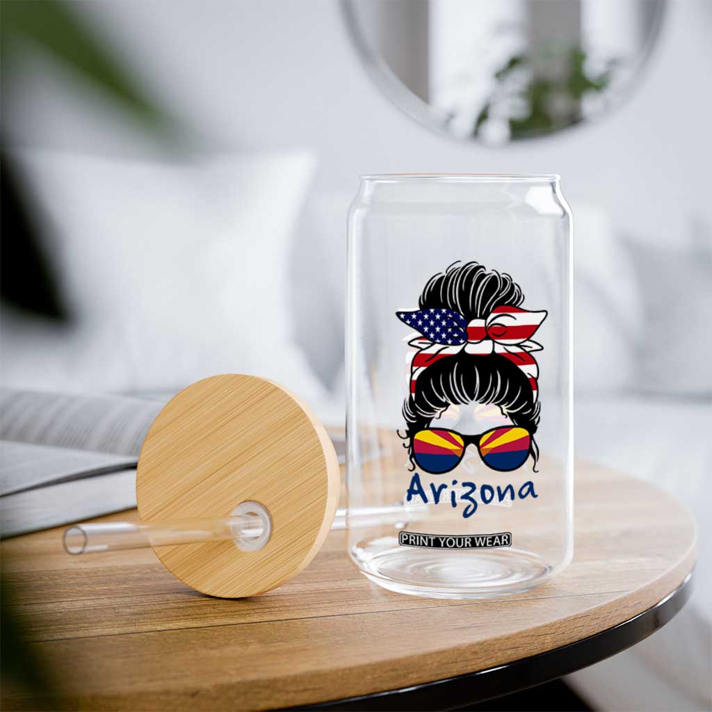 Patriotic Arizona Messy Bun Girl Graphic Glass Can American Flag Sunglasses Southwest State Pride Souvenir