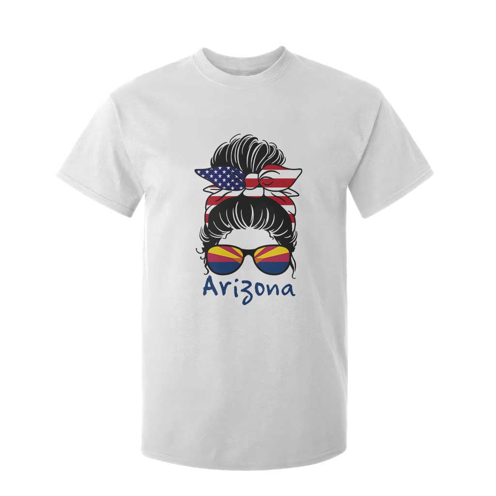 Patriotic Arizona Messy Bun Girl Graphic T Shirt For Kid American Flag Sunglasses Southwest State Pride Souvenir