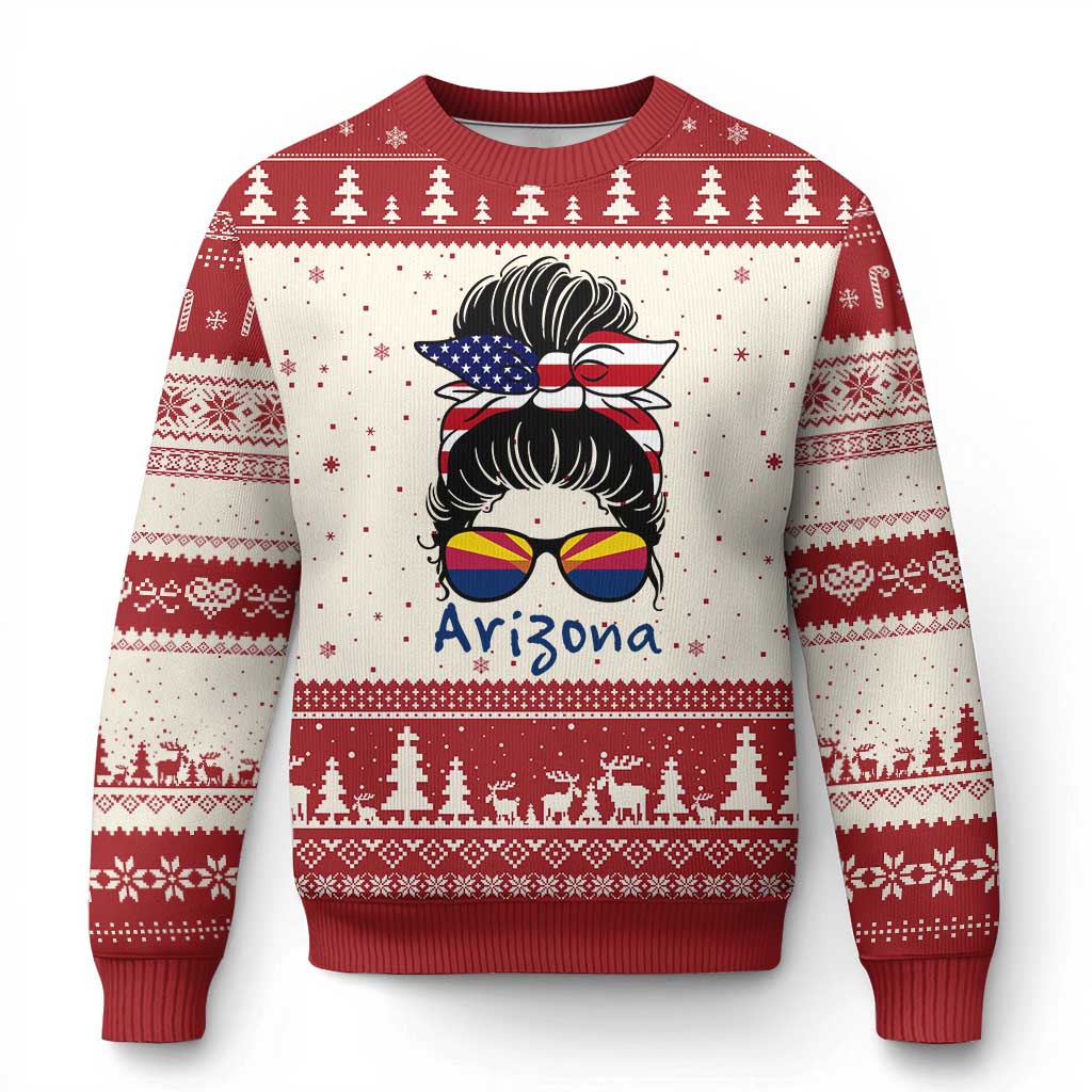 Patriotic Arizona Messy Bun Girl Graphic Ugly Christmas Sweater American Flag Sunglasses Southwest State Pride Souvenir TS02 Beige Red Print Your Wear