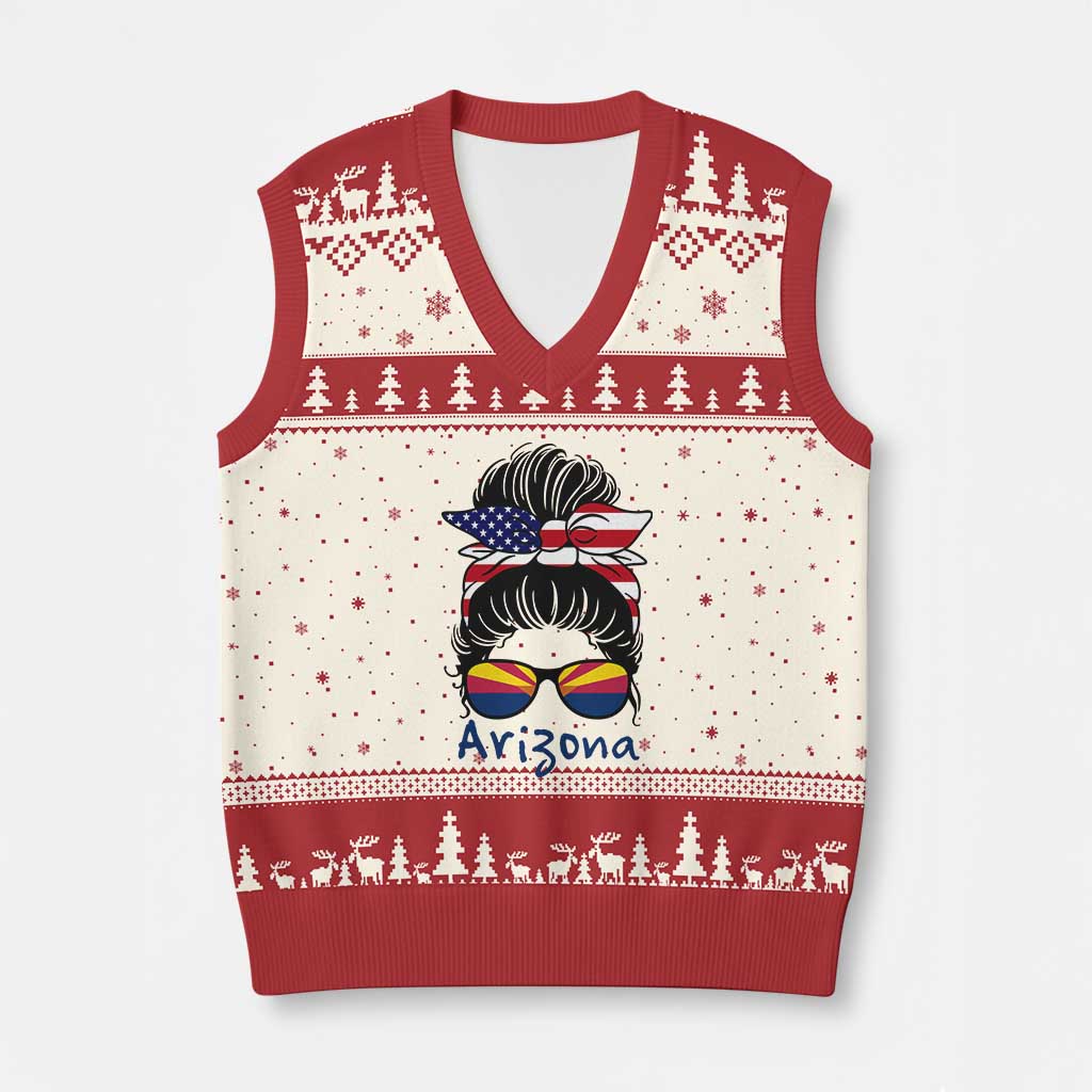Patriotic Arizona Messy Bun Girl Graphic V-Neck Knit Sweater Vest American Flag Sunglasses Southwest State Pride Souvenir TS02 Beige Red Print Your Wear