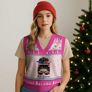 Patriotic Arizona Messy Bun Girl Graphic V-Neck Knit Sweater Vest American Flag Sunglasses Southwest State Pride Souvenir