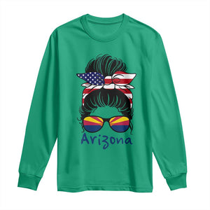 Patriotic Arizona Messy Bun Girl Graphic Long Sleeve Shirt American Flag Sunglasses Southwest State Pride Souvenir