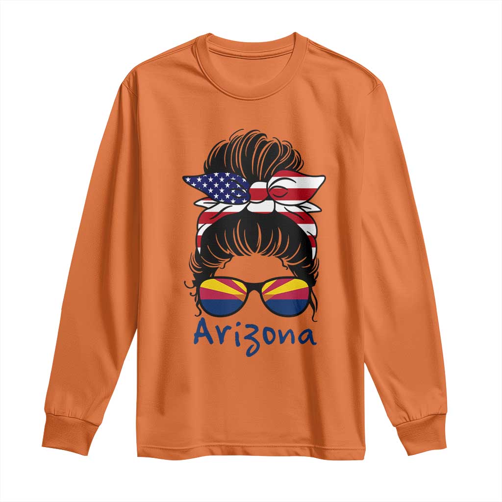 Patriotic Arizona Messy Bun Girl Graphic Long Sleeve Shirt American Flag Sunglasses Southwest State Pride Souvenir