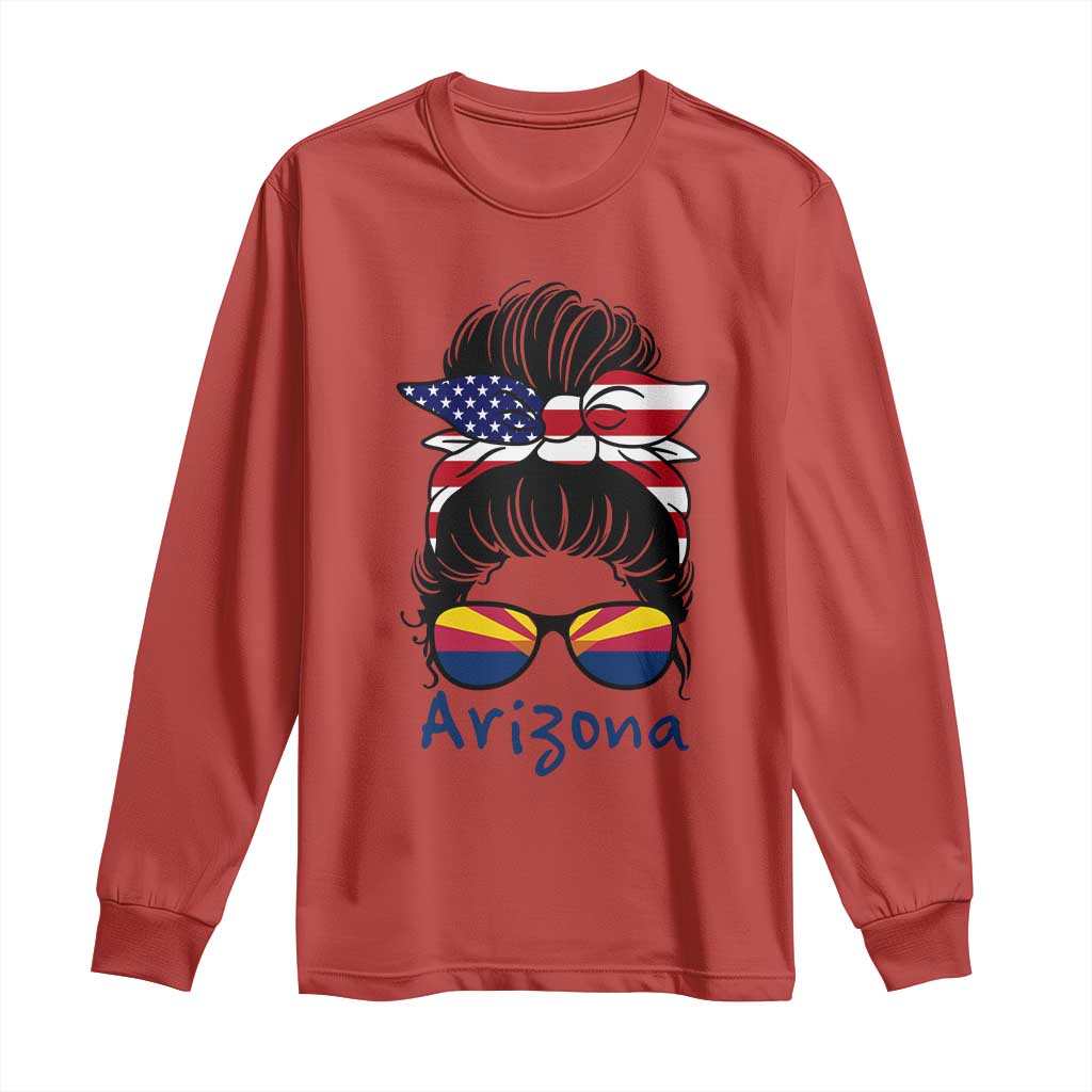 Patriotic Arizona Messy Bun Girl Graphic Long Sleeve Shirt American Flag Sunglasses Southwest State Pride Souvenir