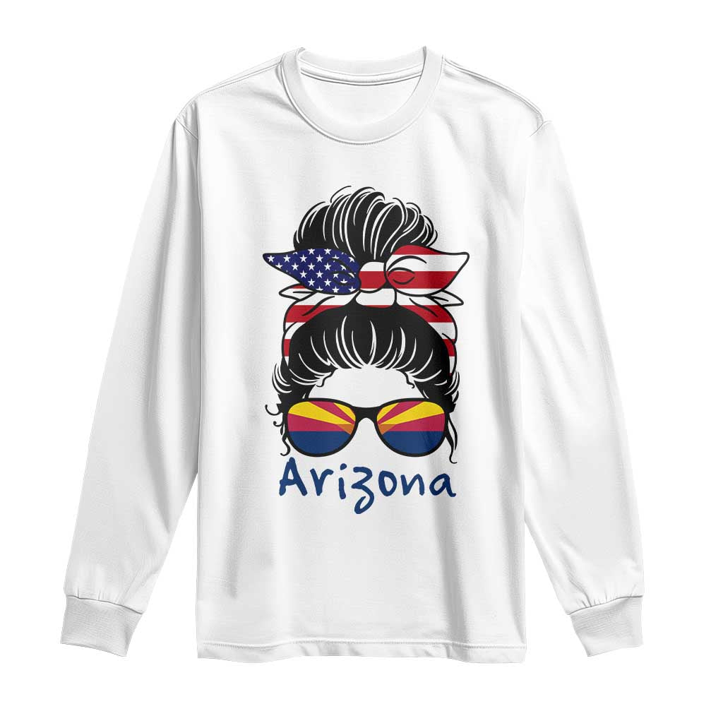 Patriotic Arizona Messy Bun Girl Graphic Long Sleeve Shirt American Flag Sunglasses Southwest State Pride Souvenir TS02 White Print Your Wear
