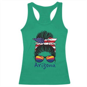 Patriotic Arizona Messy Bun Girl Graphic Racerback Tank Top American Flag Sunglasses Southwest State Pride Souvenir