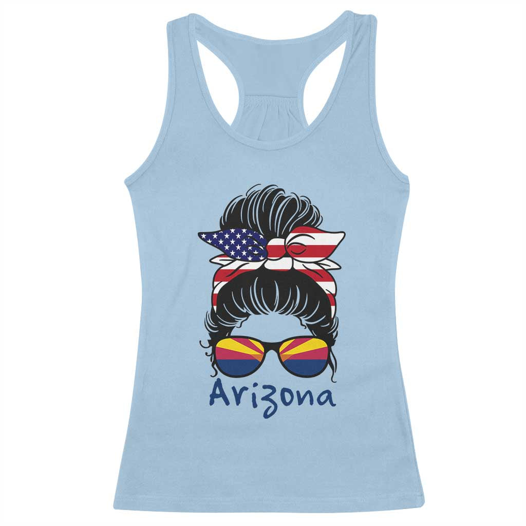 Patriotic Arizona Messy Bun Girl Graphic Racerback Tank Top American Flag Sunglasses Southwest State Pride Souvenir