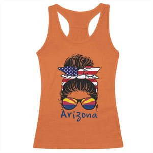 Patriotic Arizona Messy Bun Girl Graphic Racerback Tank Top American Flag Sunglasses Southwest State Pride Souvenir